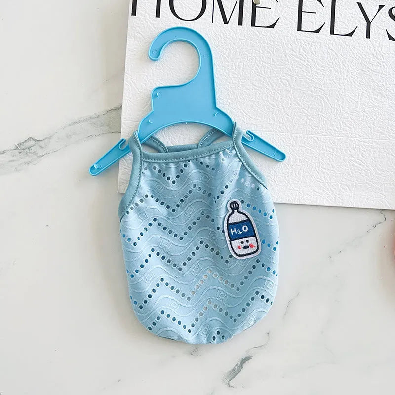 Mesh breathable dog cooling vest in blue milk bottle colour with adjustable straps
