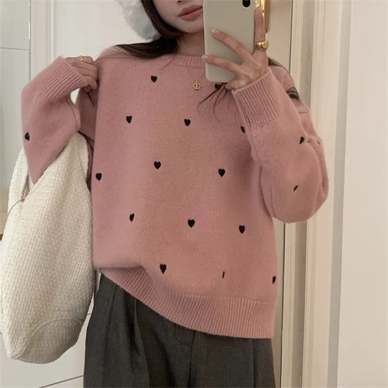 Women's loose acrylic crew neck pullover sweater with love embroidery in milky white, grey, or pink