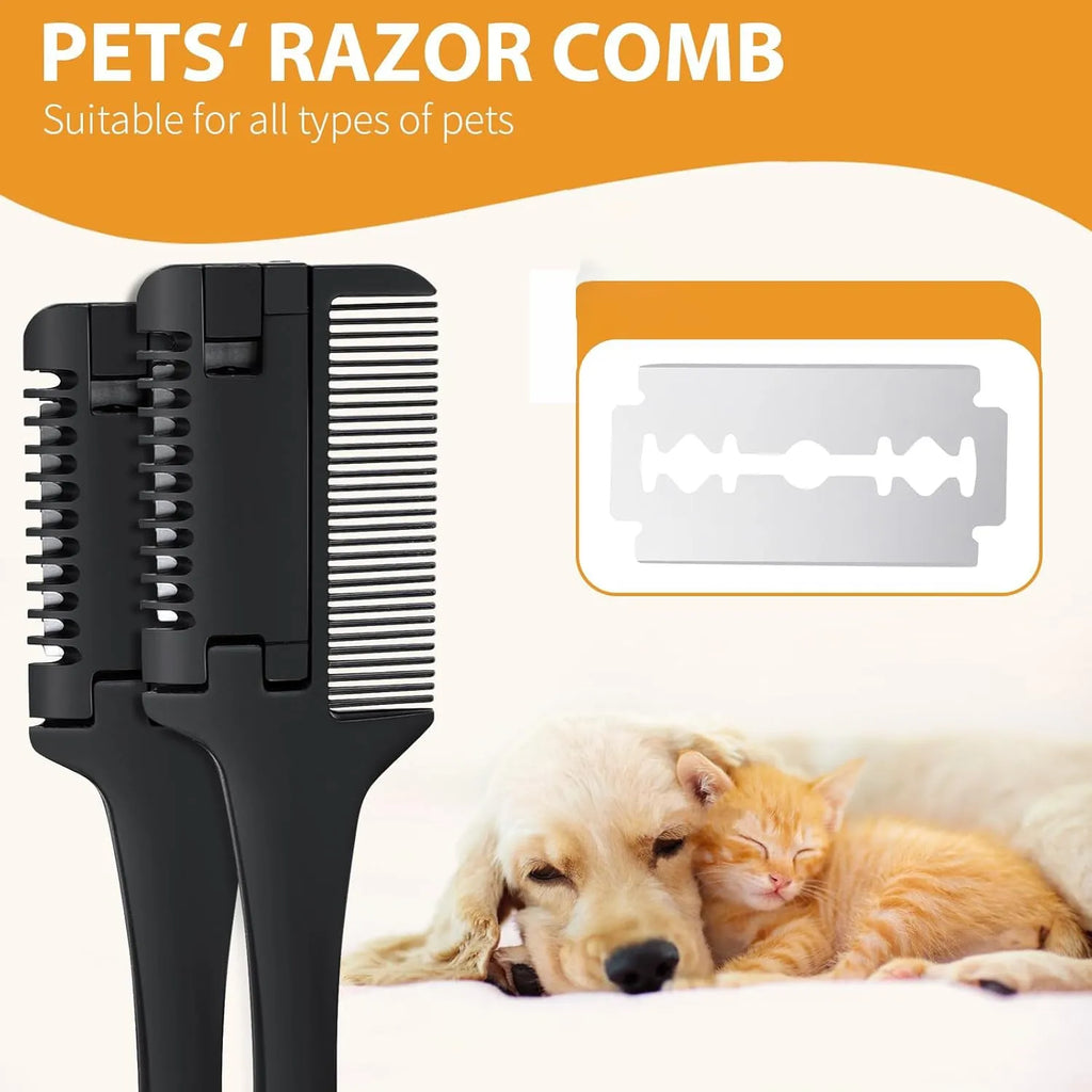 A silver and black 2-in-1 razor comb and brush for grooming dogs and cats, shown with replacement blades.