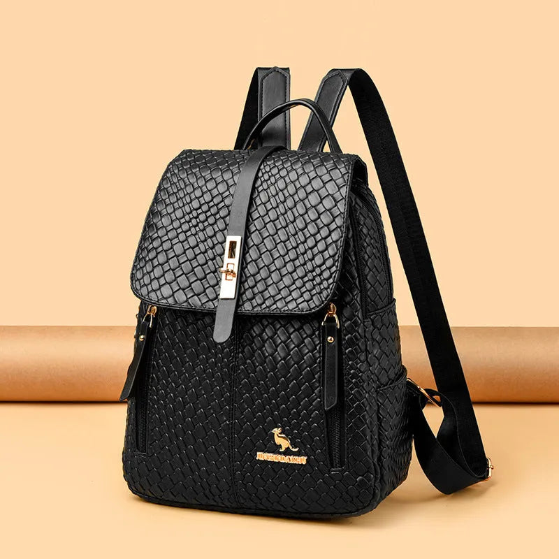 Women's large capacity waterproof PU backpack in black or white with medium hardness and no lining cloth
