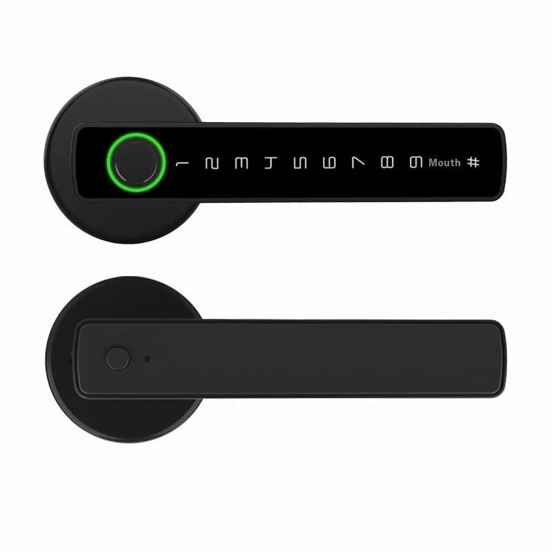 Black spherical smart door handle with fingerprint scanner and keypad for indoor wooden doors