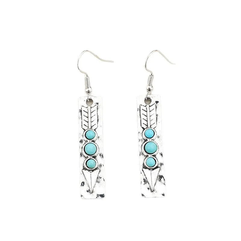 Silver geometric retro earrings with turquoise inlay, long strip drop design