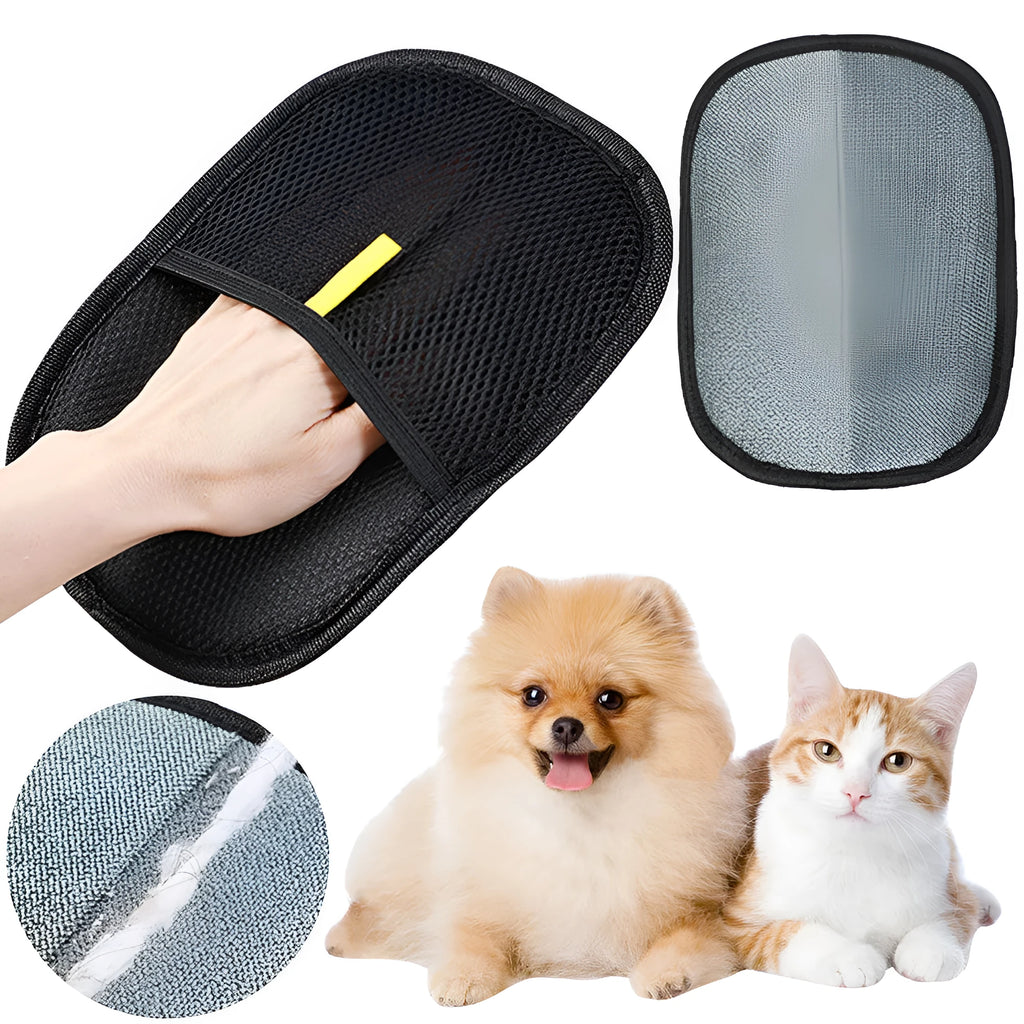 Black pet hair remover mitt with dual-sided silicone bristles for dog and cat grooming