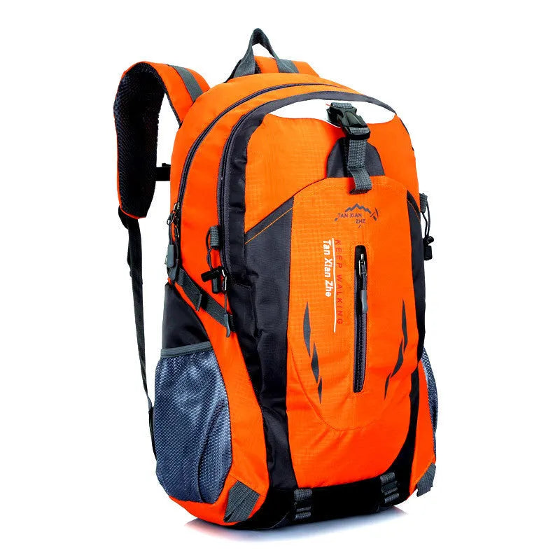 Large outdoor travel backpack in Oxford cloth showing computer pocket, dual shoulder straps, and zipper opening