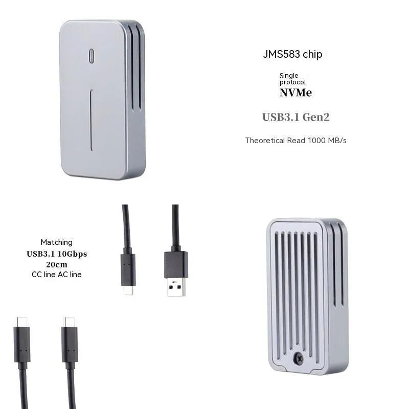 Aluminium alloy external SSD enclosure with CNC-machined shell showing dual protocol support and compact dimensions