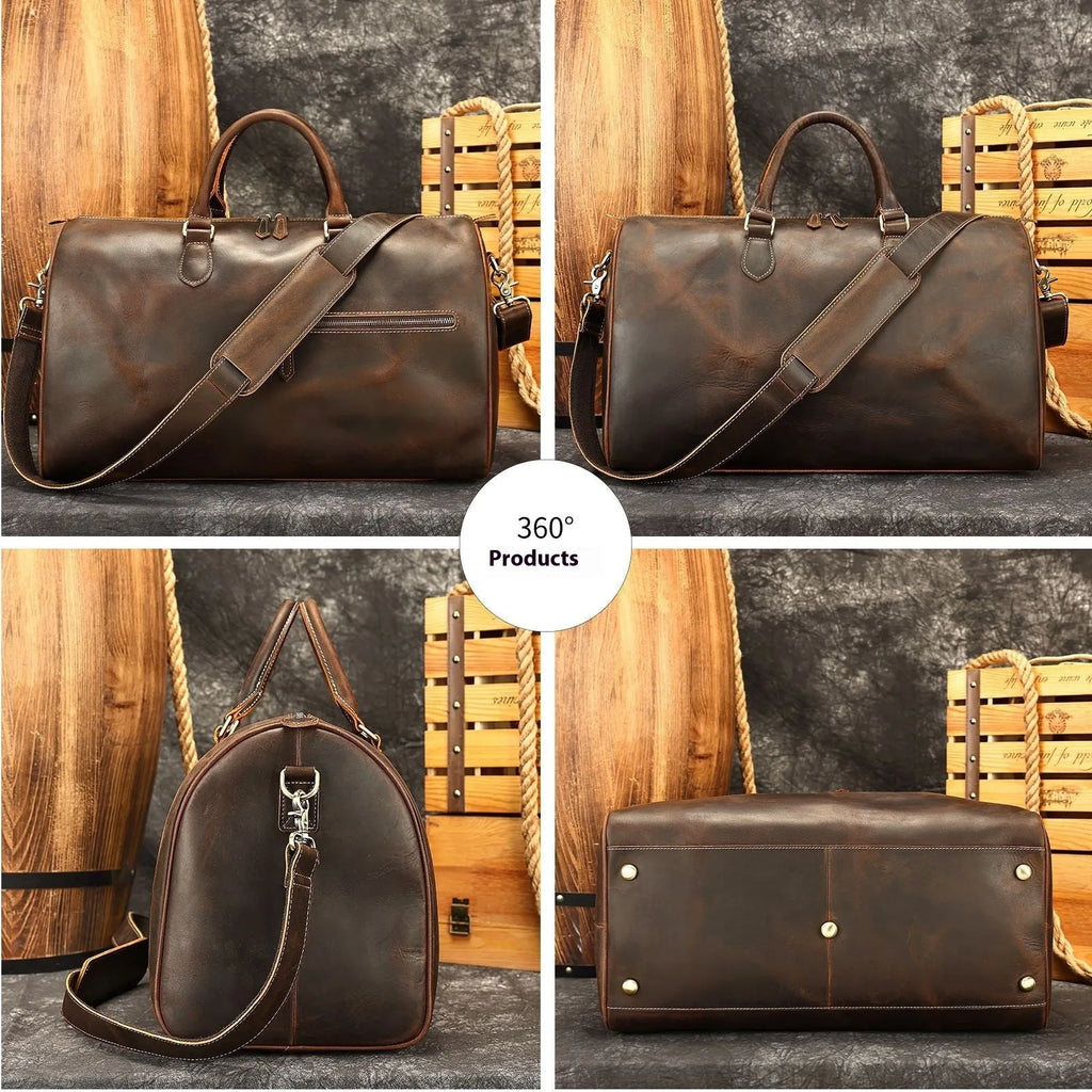 Men's large leather crossbody bag in black with adjustable shoulder strap showing interior polyester cotton lining