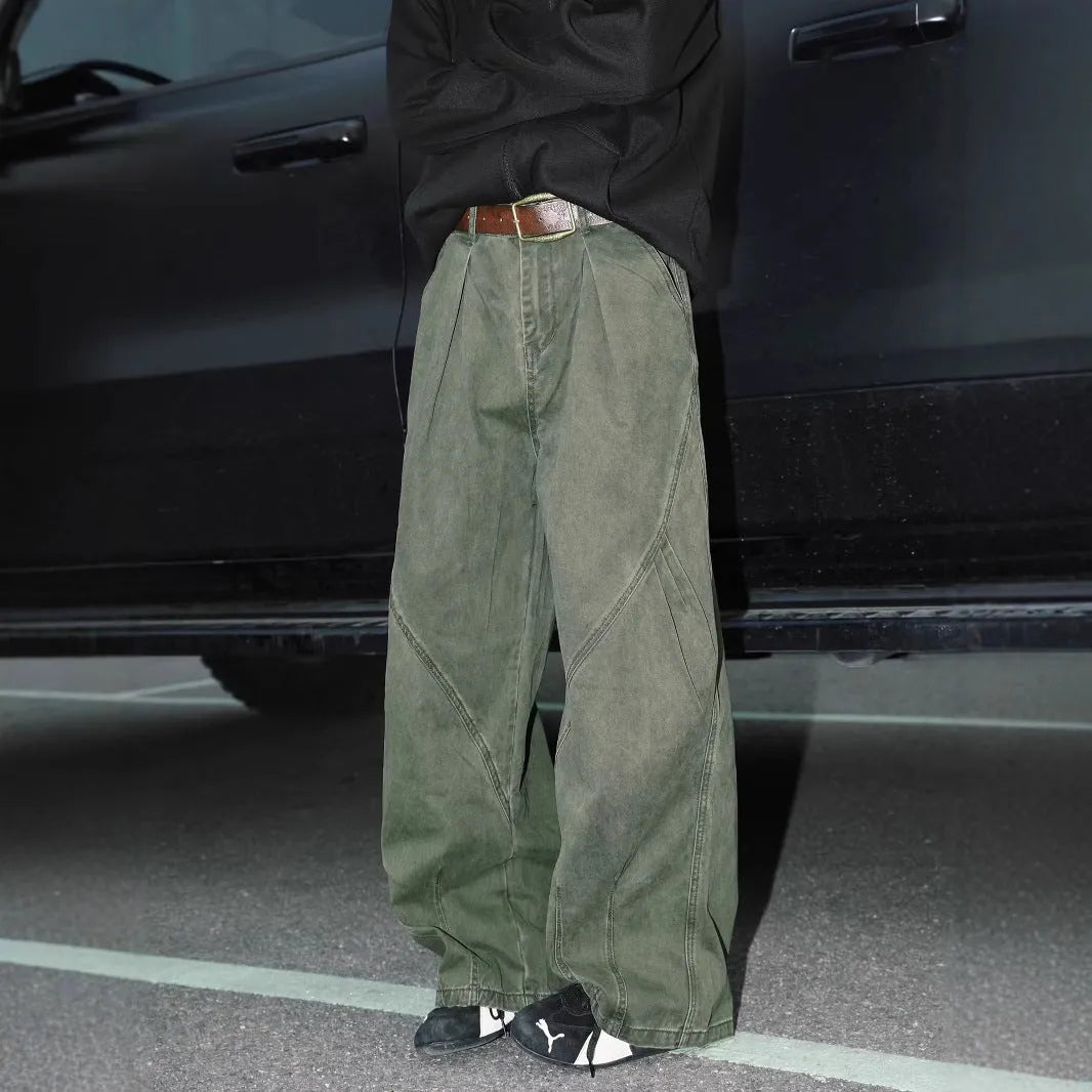 Men's apricot straight-leg loose fit trousers with elastic waist on a hanger.