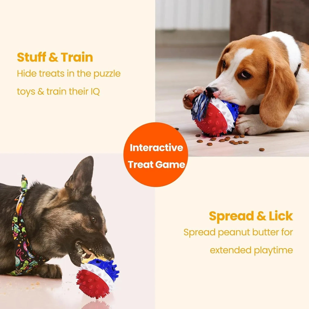 Blue and red TPR rubber dog ball with treat hole and squeaker for large breed chewers.