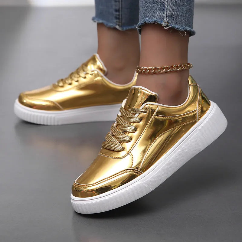 Rose gold sequin platform sneaker with a thick white MD sole and round toe.