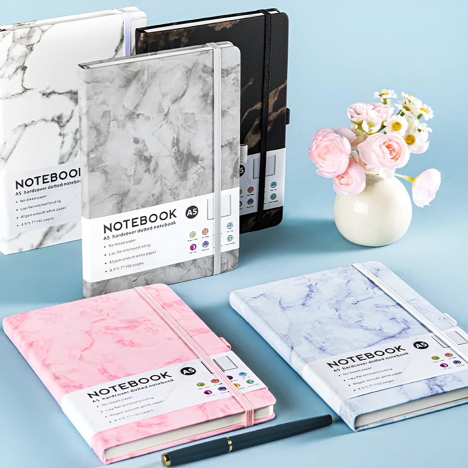 Soft-touch PU leather A5 diary in a chosen colour, open to show horizontal lined pages.