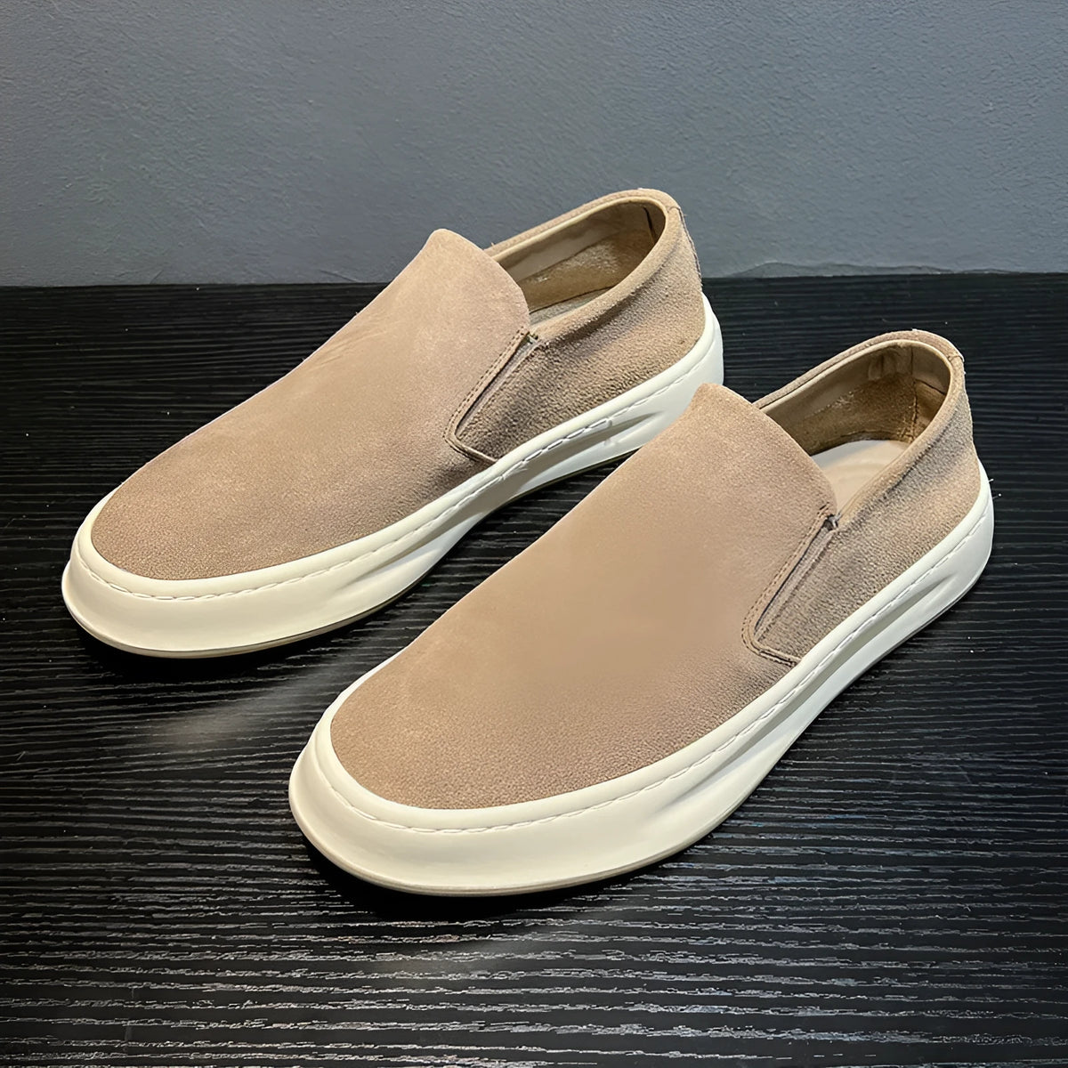 Men's gray and apricot casual shoes with round toe, PU upper, and sleeve design.