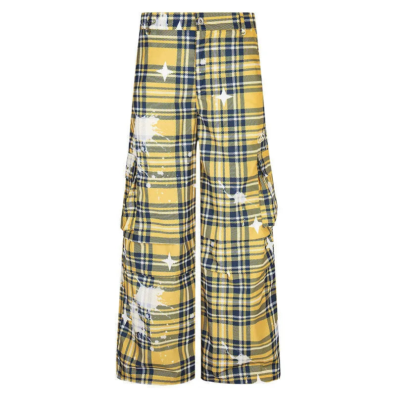 Men's blue and yellow plaid straight leg trousers with retro styling