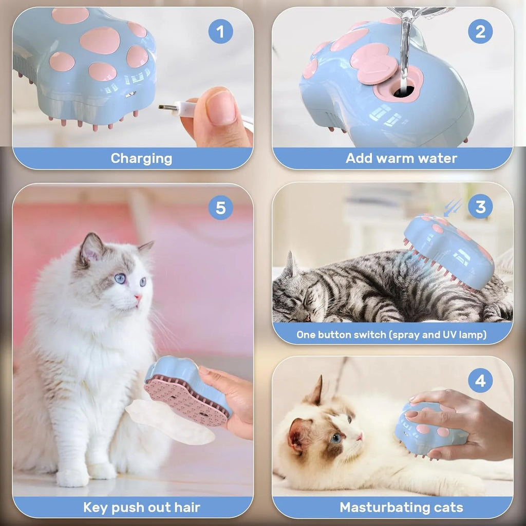 Self-cleaning cat steam brush with silicone bristles and release button in blue, green, or pink colours