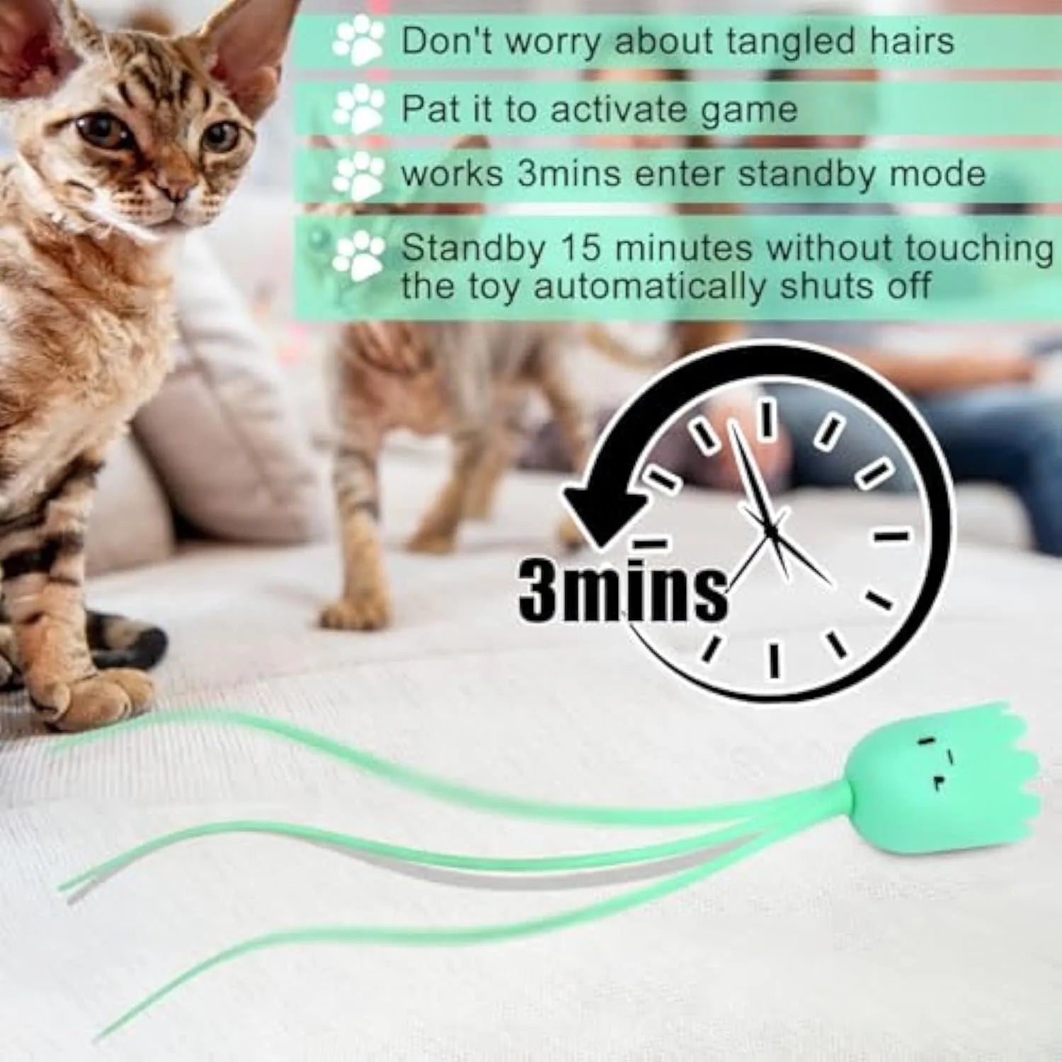 Rechargeable automatic cat toy wand with green silicone swinging tails for indoor cat play