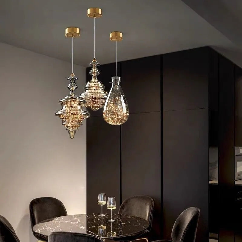 Modern glass chandelier ceiling light with adjustable drop showing remote control