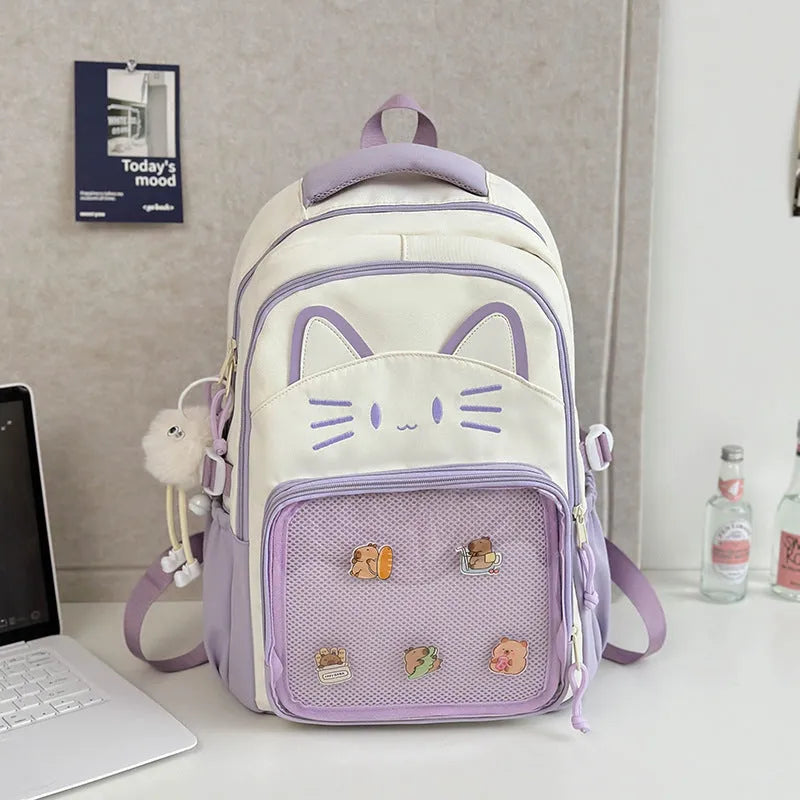 Korean cartoon anime style large capacity nylon backpack in various colours with curved shoulder straps.