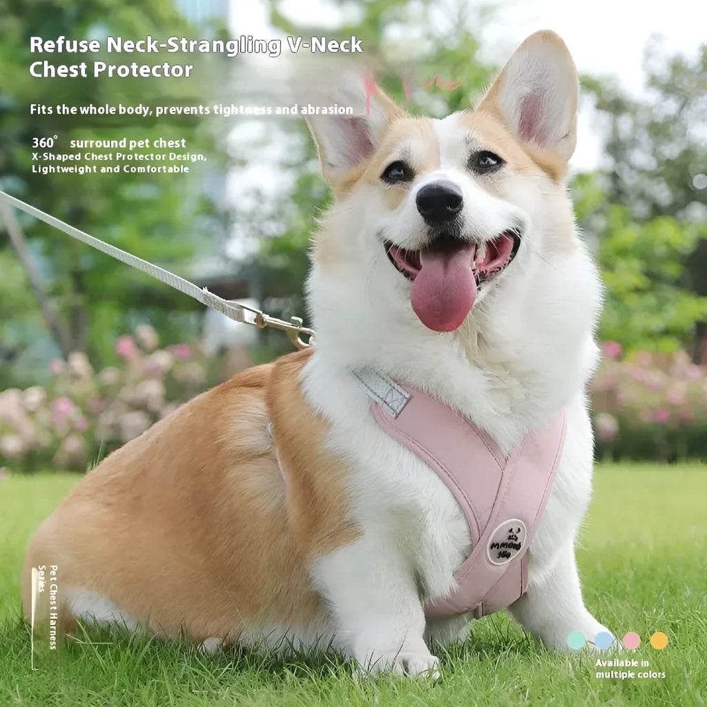 Polyester dog vest with attached hand-holding rope in blue, green, pink or yellow colours