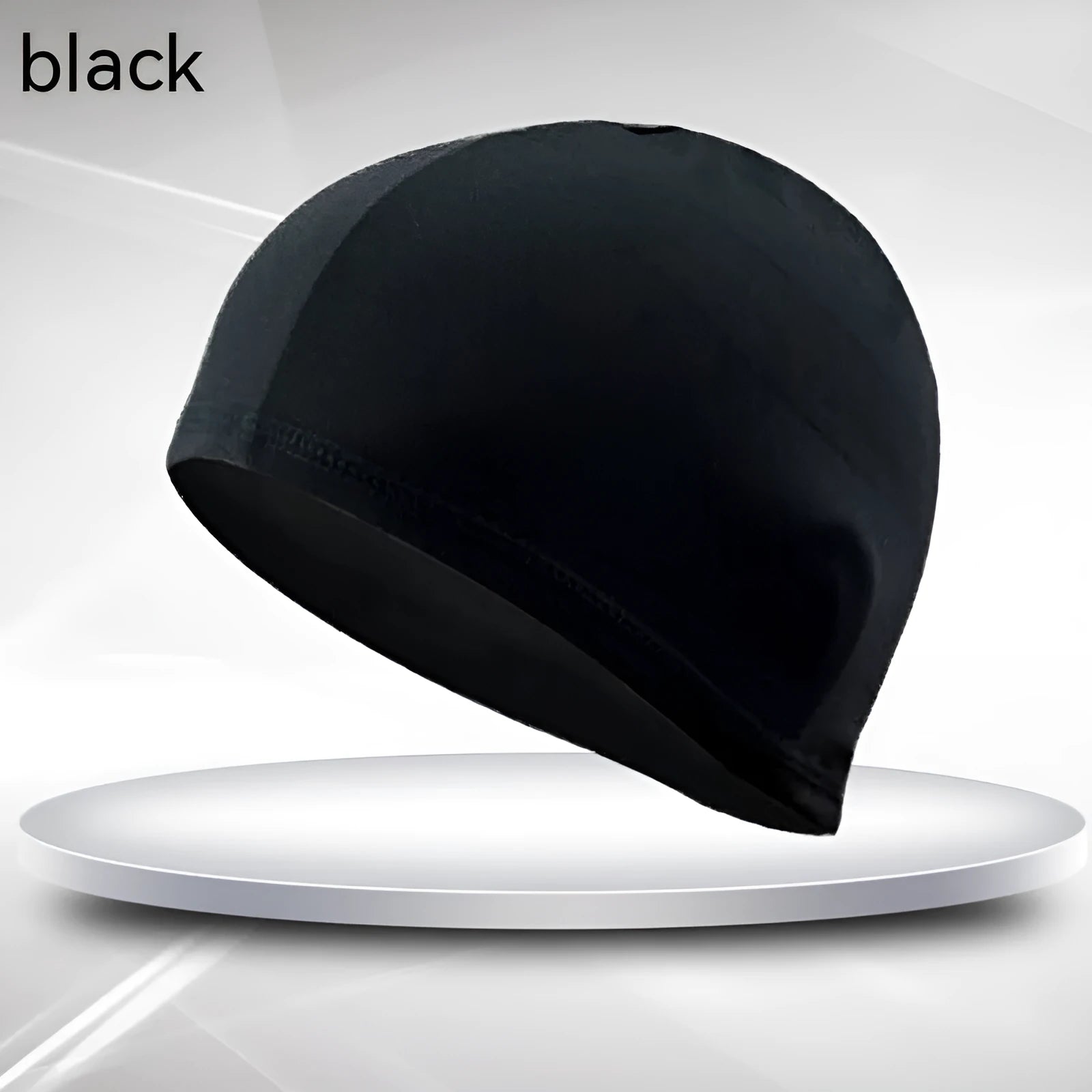 Unisex adult polyester swim cap in solid black with single line design