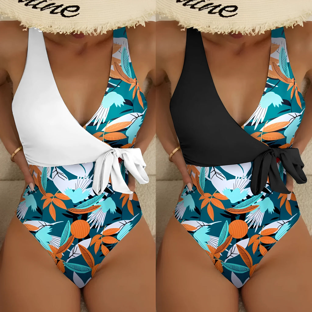 Women's high waist one-piece bikini swimsuit with printed pattern and quick-drying polyester fabric