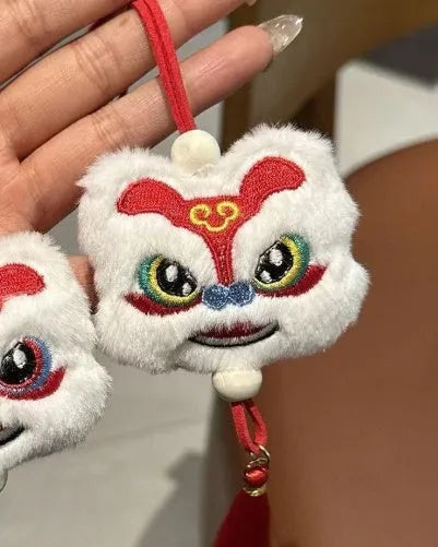 Chinese style handmade plush lion tassel keychain with star stone decoration in blue or yellow colour