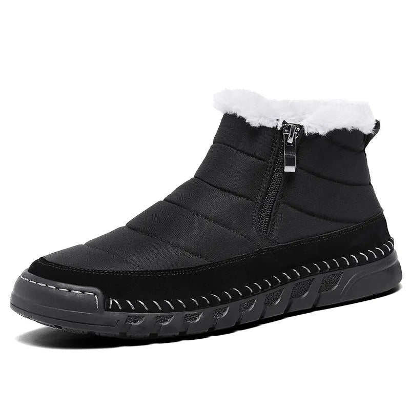 Men's green plus size snow boot with round toe, flat heel, and non-slip rubber sole.