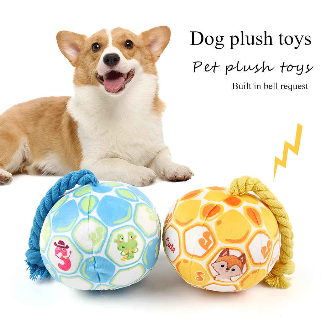 Blue and yellow cartoon elastic football dog toy made from cotton rope for tug of war and chewing.