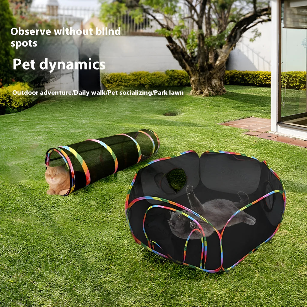 A foldable mesh cat play cage in a hexagonal style, shown both set up and collapsed flat.
