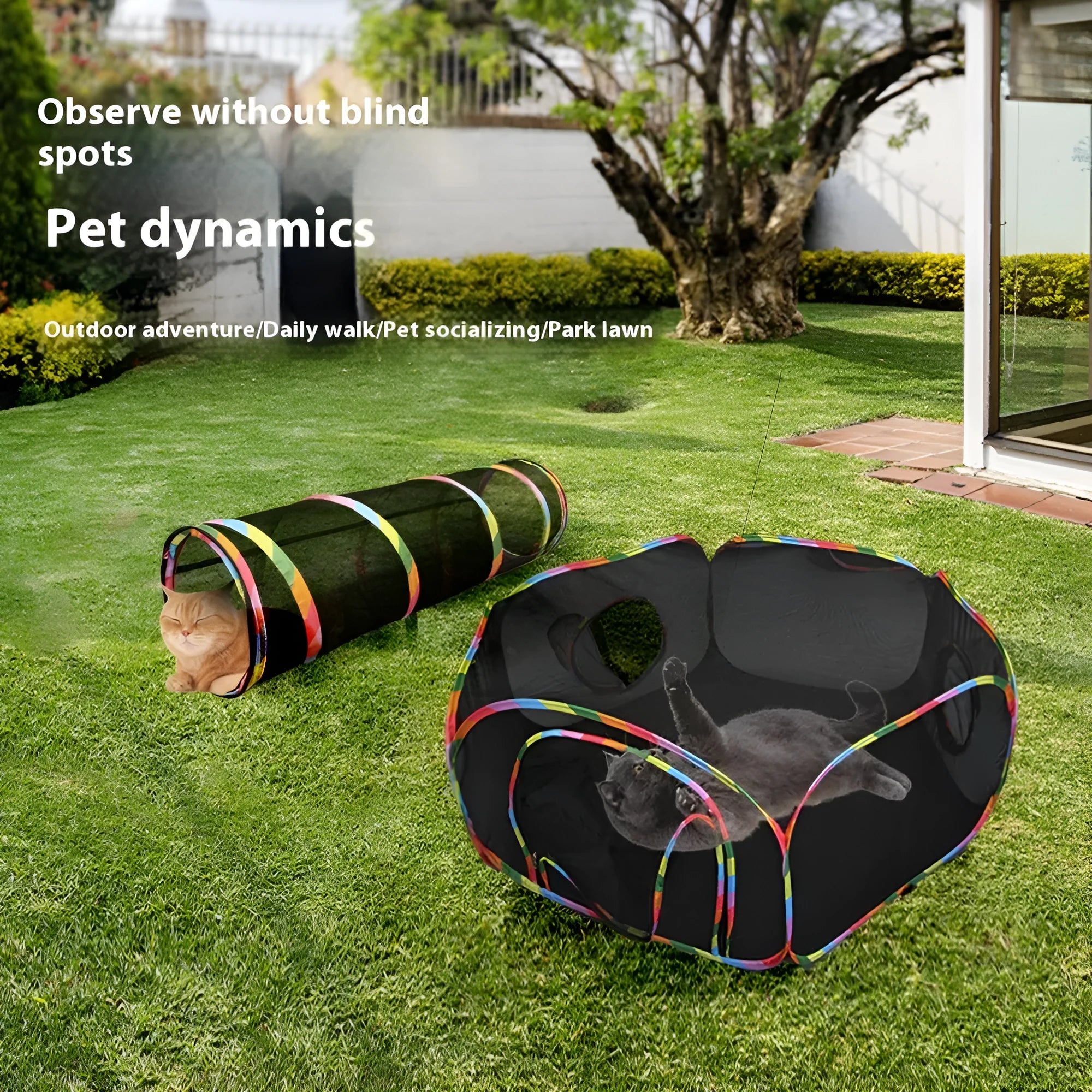 A foldable mesh cat play cage in a hexagonal style, shown both set up and collapsed flat.
