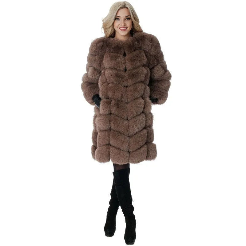 Women's artificial fur coat in apricot colour with regular sleeves and 80cm length