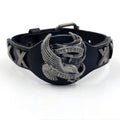 Black leather eagle watch-buttom bracelet with geometric design measuring 26cm length