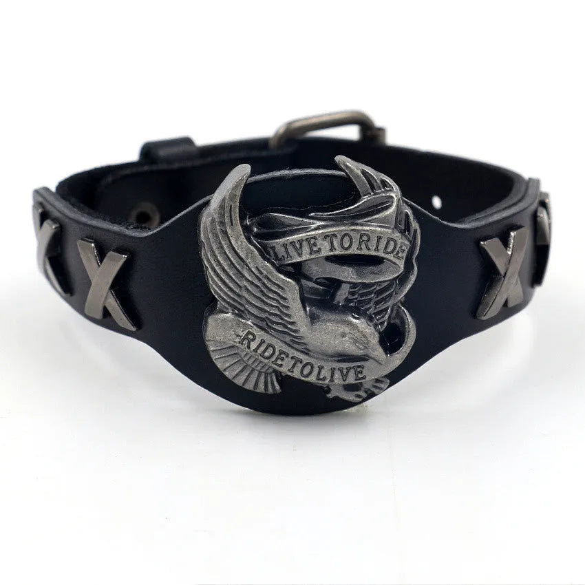 Black leather eagle watch-buttom bracelet with geometric design measuring 26cm length