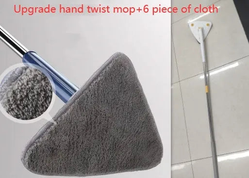Blue extendable triangle cleaning mop with rotating head on stainless steel pole.