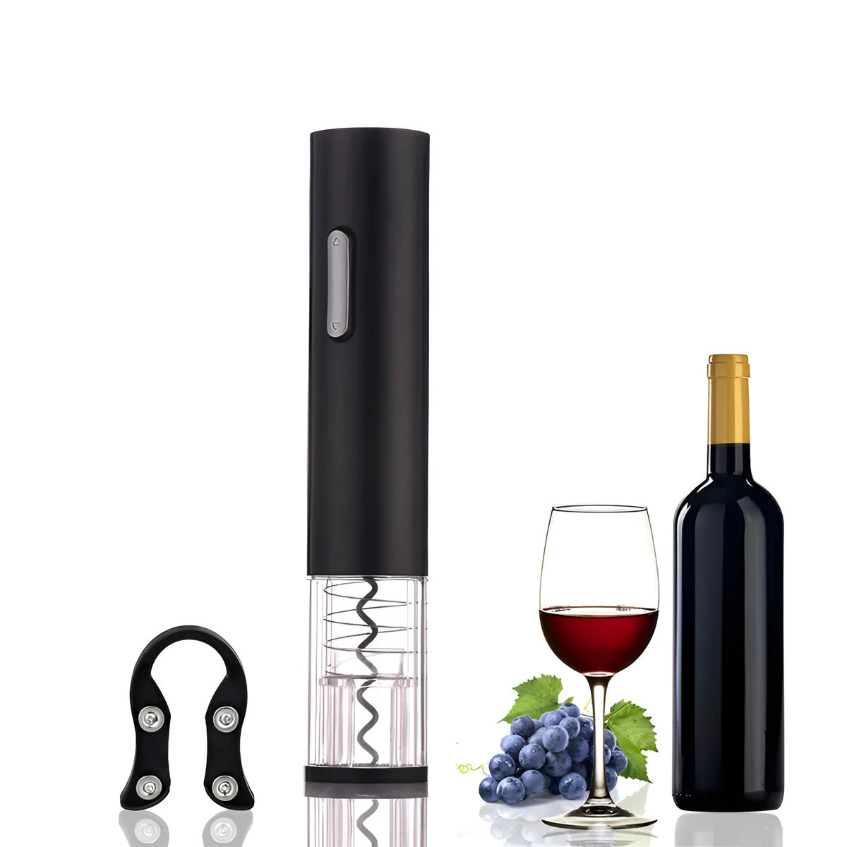 Automatic electric wine bottle opener with foil cutter in black colour showing ABS plastic construction