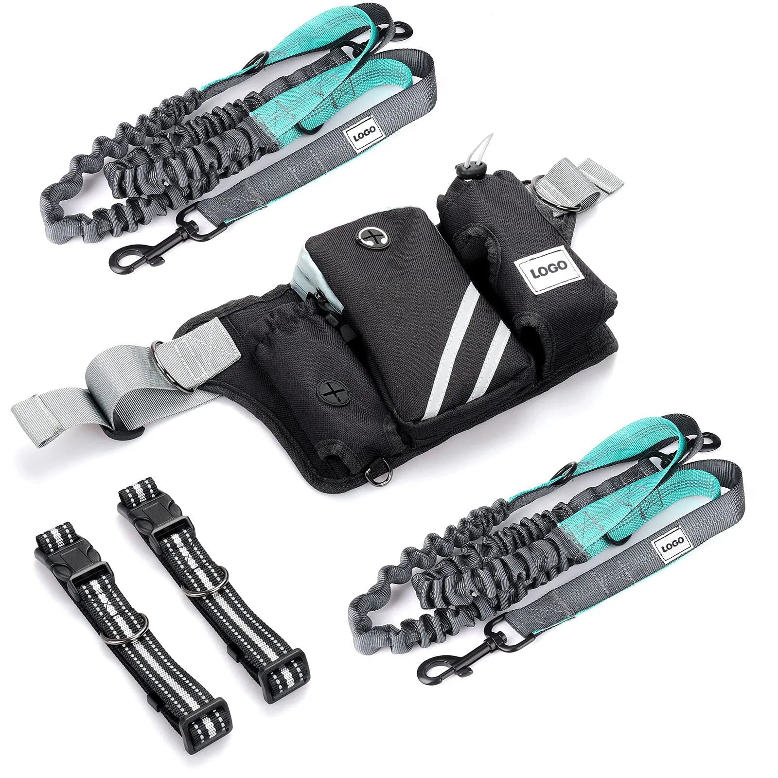 Black nylon dog walking waist bag and leash set for outdoor pet training activities