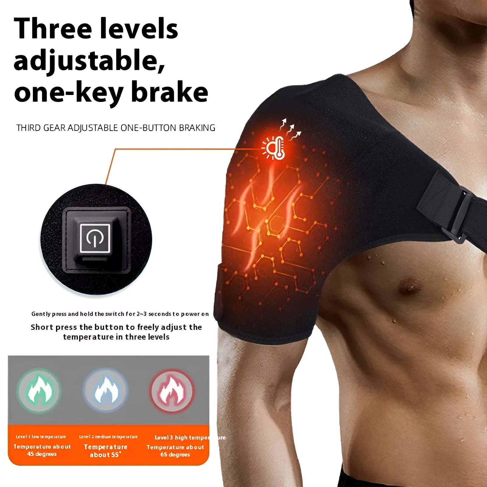 Grey electric heating shoulder pad with micro-USB cable for 5V power connection.