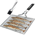 Square stainless steel barbecue mesh basket with folding design and included cleaning brush for outdoor grilling