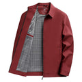 Men's navy blue polo collar casual jacket with side seam pockets showing loose fit design