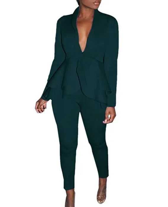 Ruffled air layer top and pencil trousers uniform set in sanitary cloth polyester fabric