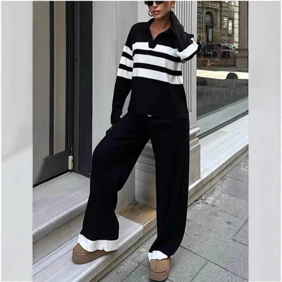 Women's black and white striped polo collar two-piece set with long sleeve shirt and trousers