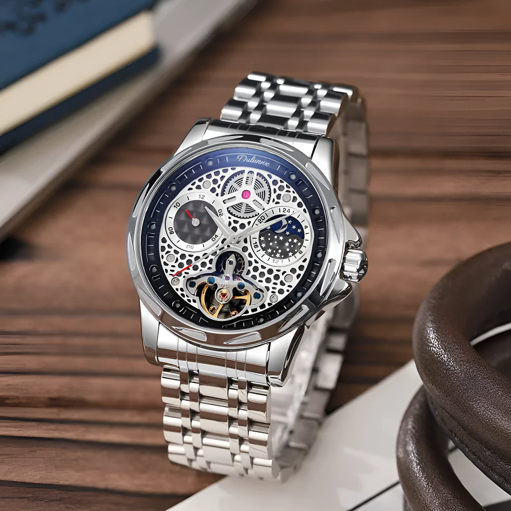 Men's waterproof luminous automatic watch with steel case and black dial on leather strap