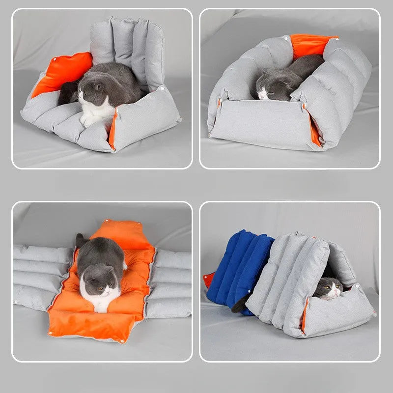 Blue triangular sofa-style cat bed with a removable cover and connection holes on the side.