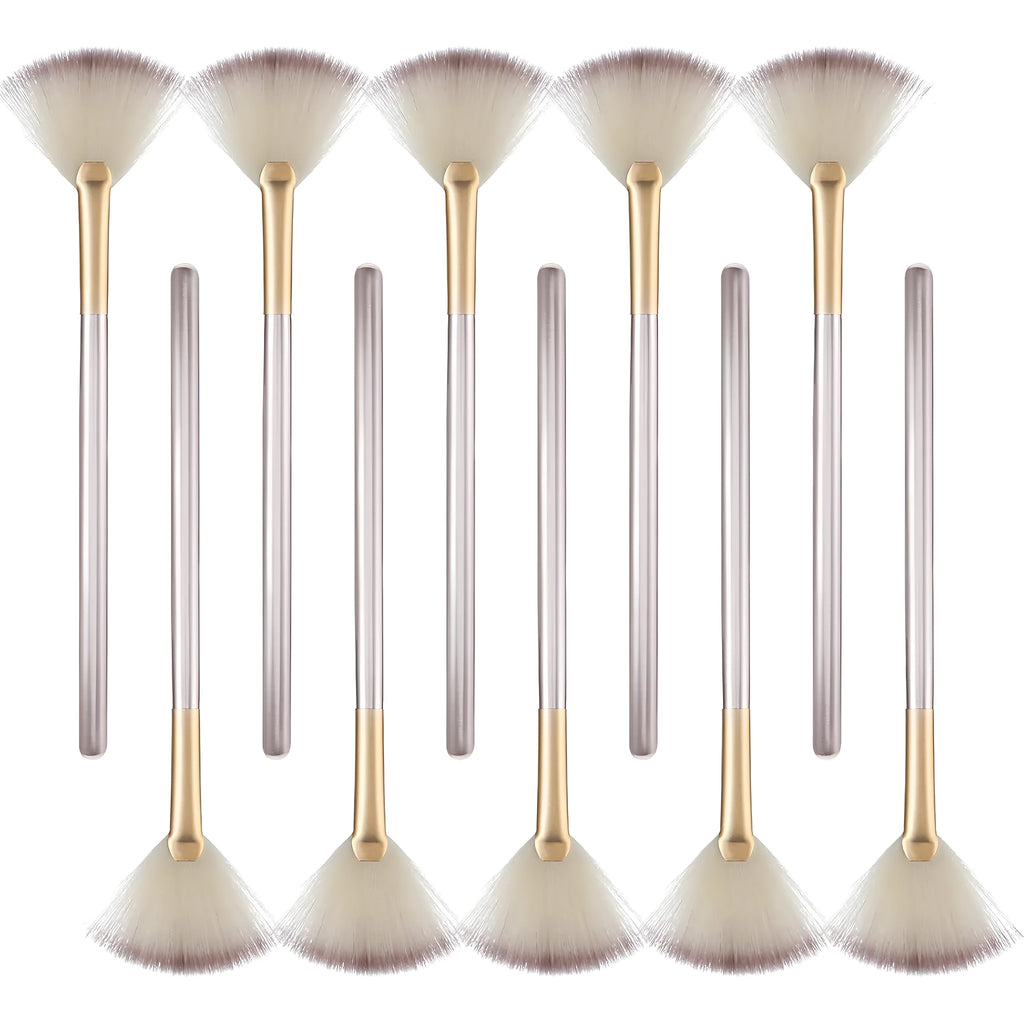 Set of 10 champagne-finish facial fan brushes with protective covers for professional makeup and skincare