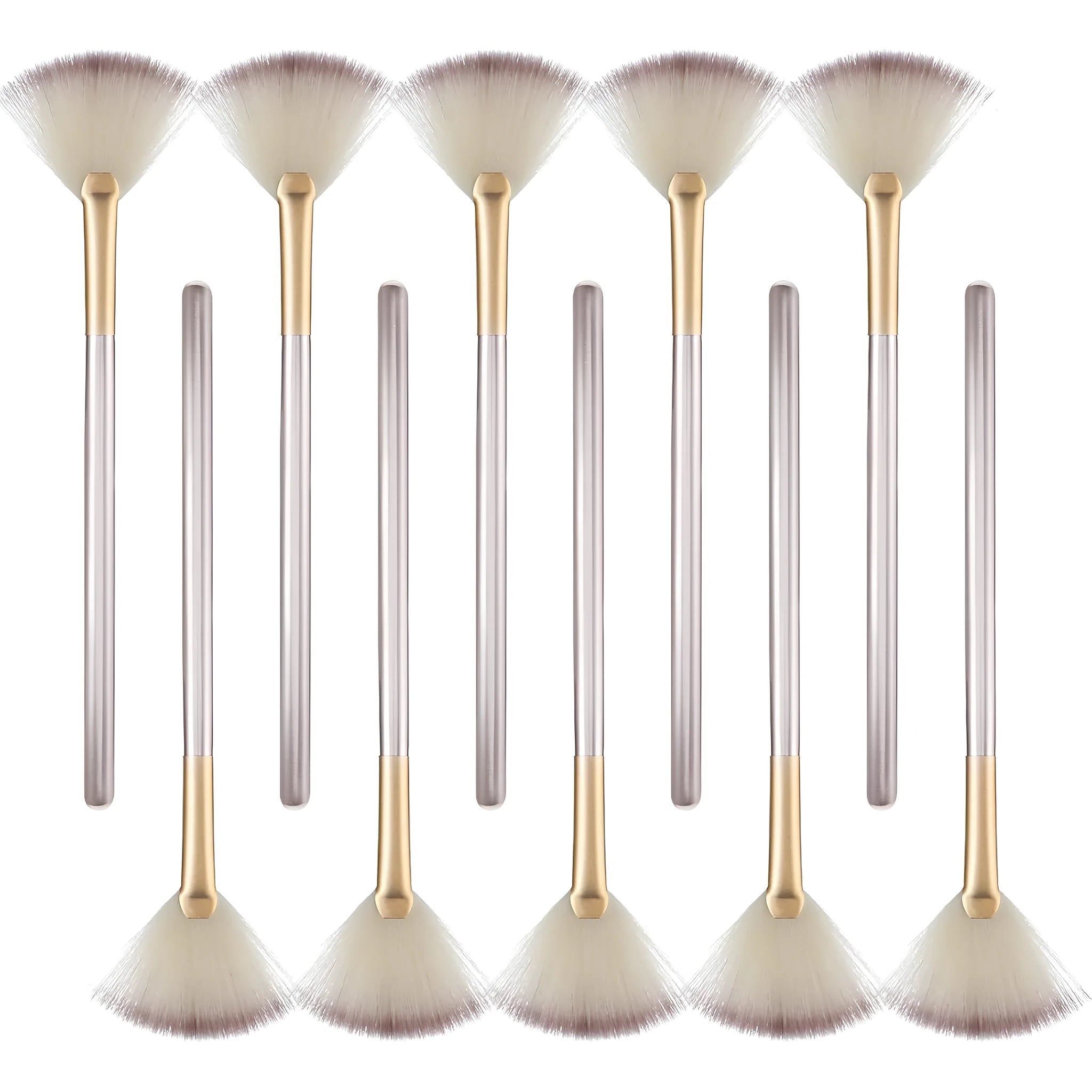 Set of 10 champagne-finish facial fan brushes with protective covers for professional makeup and skincare