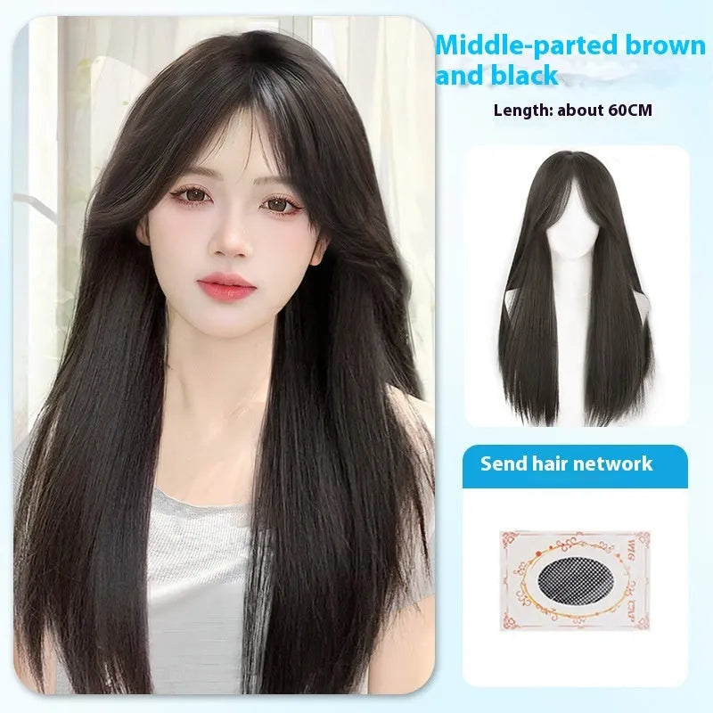 Long straight black synthetic wig with bangs, made from high temperature fibre for women.