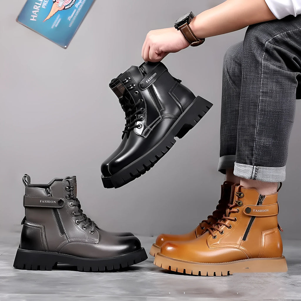 Men's light brown Martin boots with side zipper, thick rubber sole, and visible stitching on leather upper