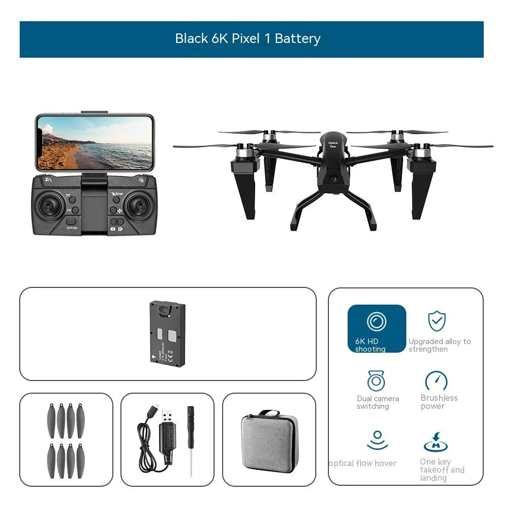 KS66 alloy UAV drone with remote controller, shown in optional white or black with camera, spare propellers, and storage bag.