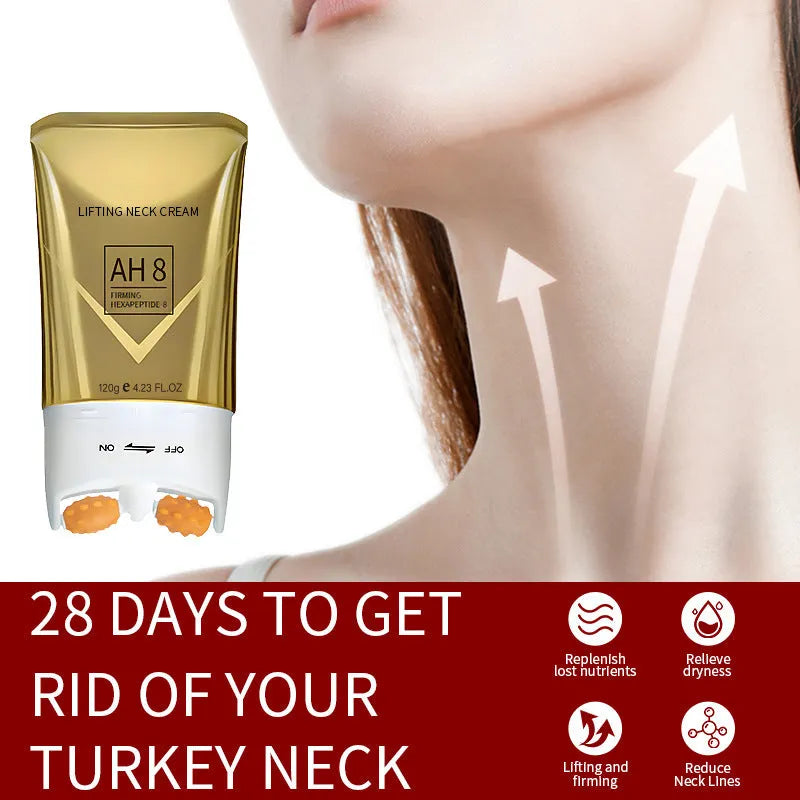 Roller neck cream in packaging with dimensions 8.8cm wide by 16.5cm high