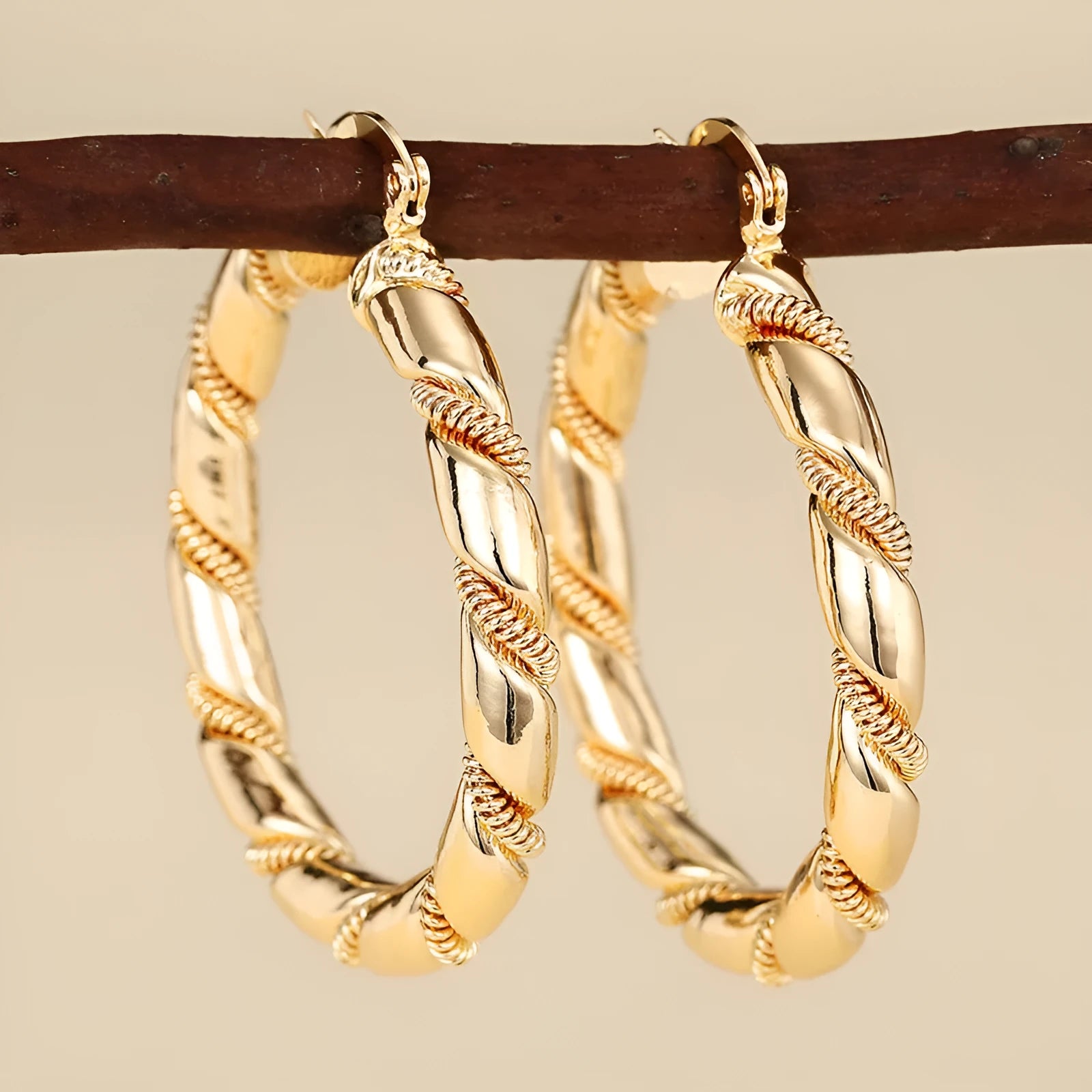 Geometric copper women's earrings with ring ear clip design in golden colour