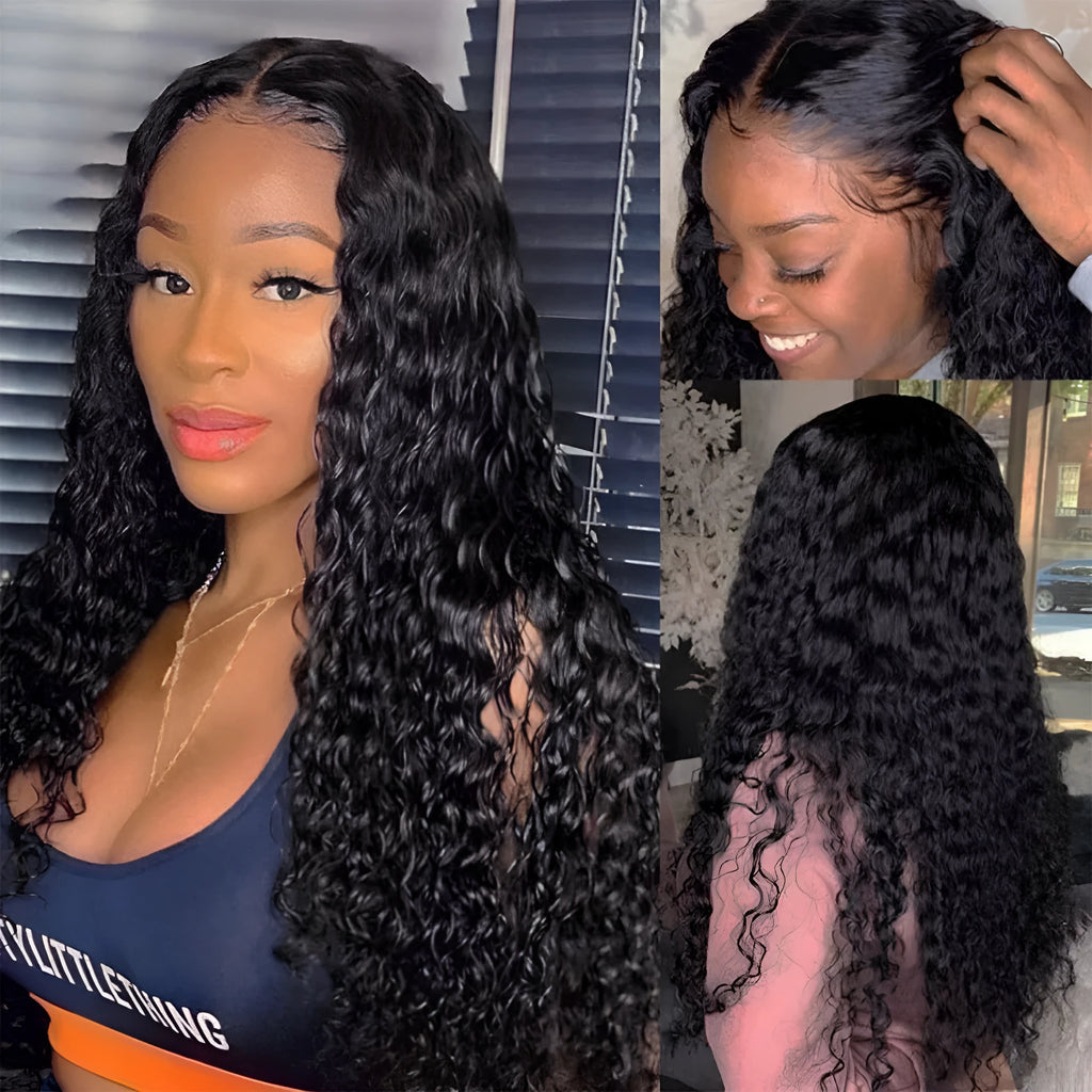 A curly real human hair lace front wig on a stand, showing natural hairline and length options.