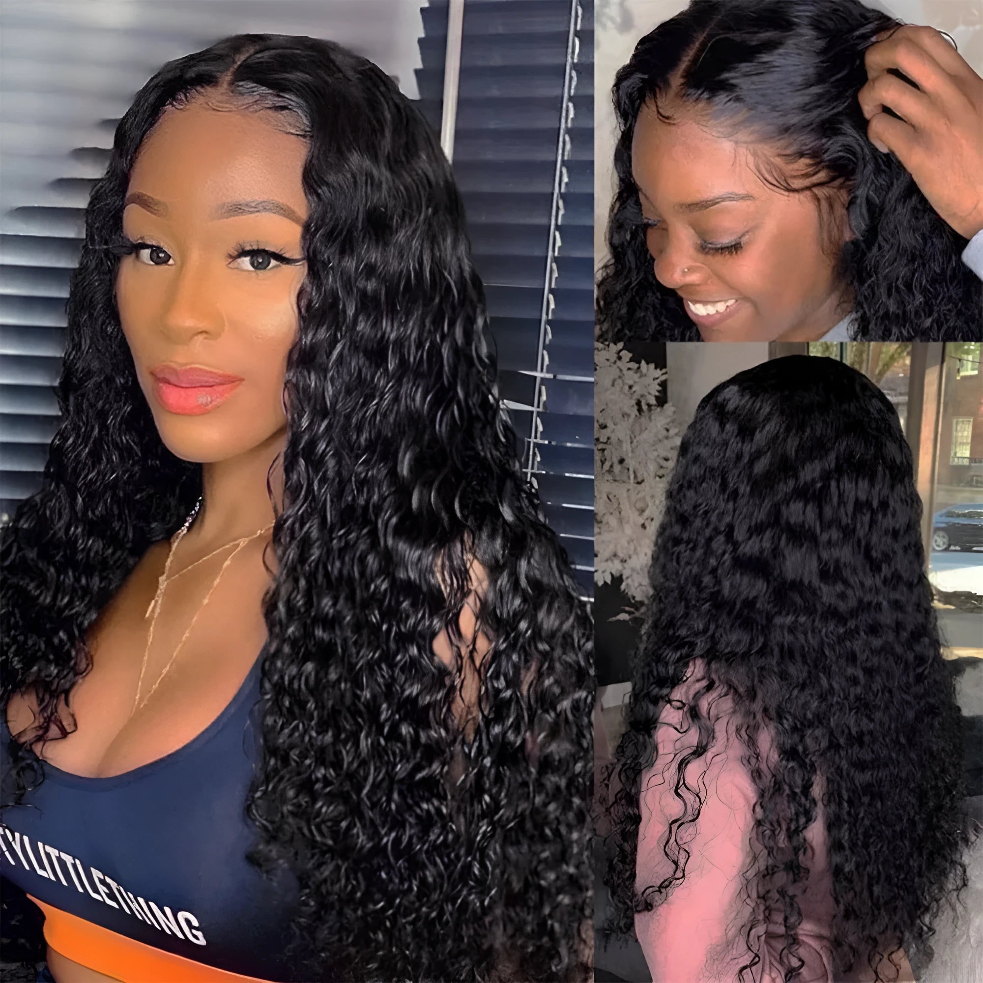 A curly real human hair lace front wig on a stand, showing natural hairline and length options.
